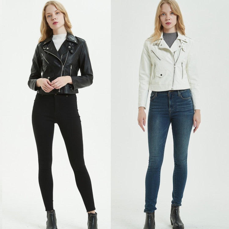 Women's PU Leather Motorcycle Jacket - European & American Style Short Biker Jacket (Black/White, Sizes S-XL