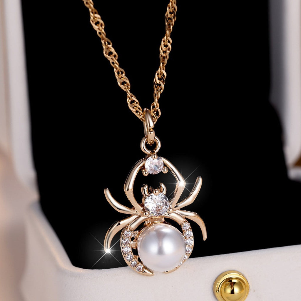 Champagne Gold Round White Diamond Pearl Spider Necklace