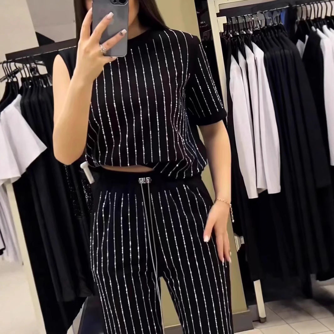 Vertical Striped Rhinestone Top Two-piece Set