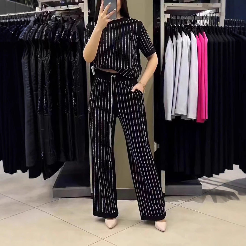 Vertical Striped Rhinestone Top Two-piece Set