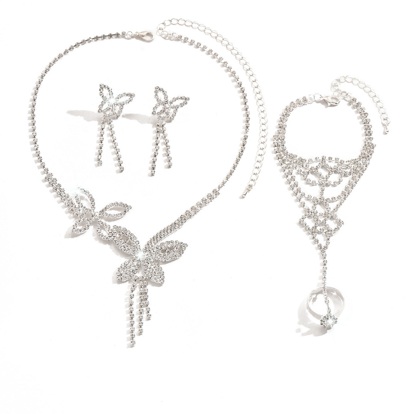 Butterfly Tassel Rhinestone Necklace Earring Bracelet 3 Pieces Suit