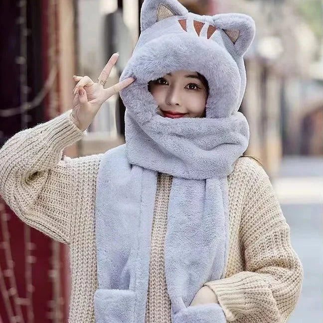 Kawaii Cat Winter Hat, Scarf, & Gloves Combo