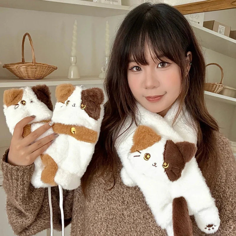 Kawaii Cat Scarf & Gloves