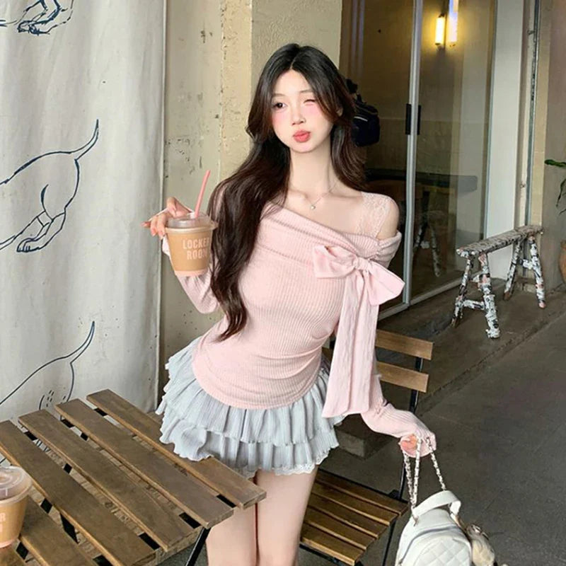 Sweet Bow Off-Shoulder Long Sleeve Shirt