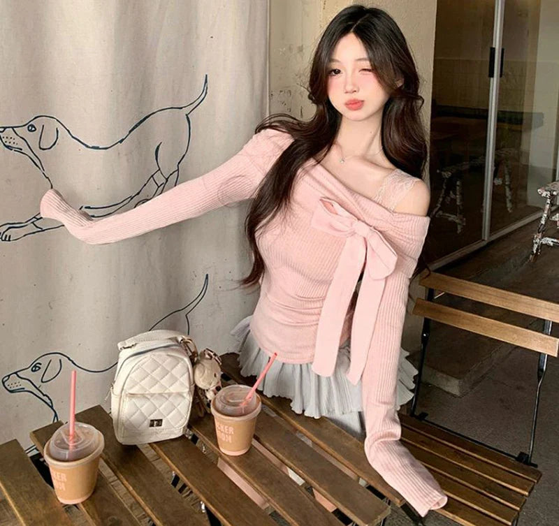 Sweet Bow Off-Shoulder Long Sleeve Shirt