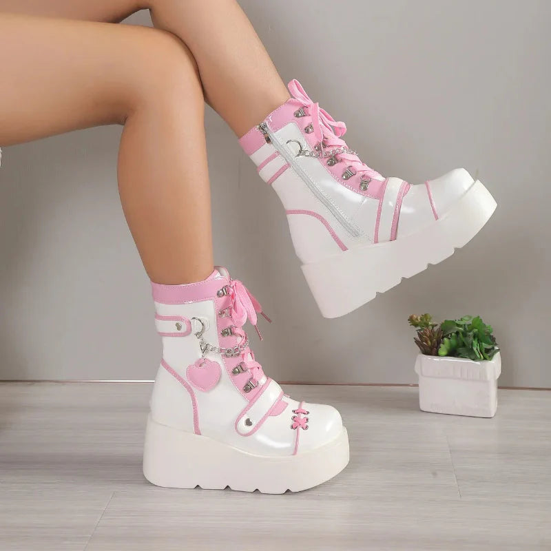 Kawaii White & Pink Platform Boots