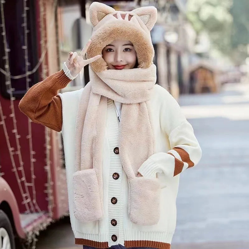Kawaii Cat Winter Hat, Scarf, & Gloves Combo