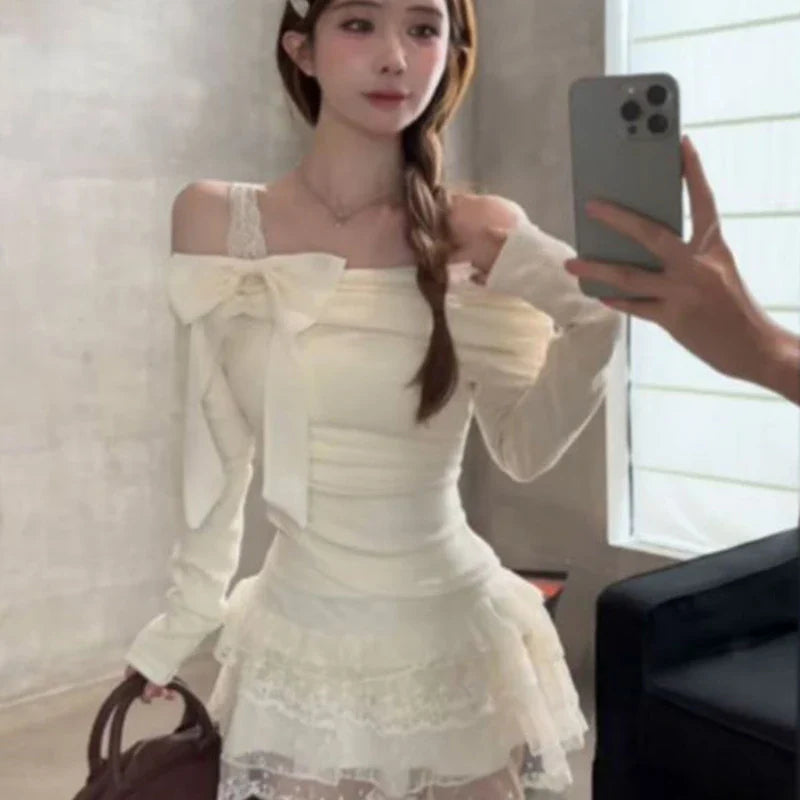 Sweet Bow Off-Shoulder Long Sleeve Shirt