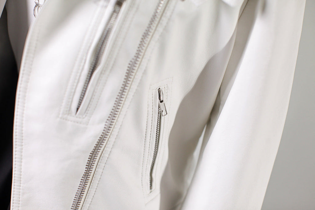 Women's PU Leather Motorcycle Jacket - European & American Style Short Biker Jacket (Black/White, Sizes S-XL