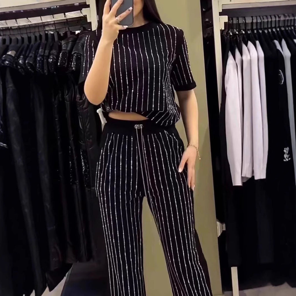 Vertical Striped Rhinestone Top Two-piece Set