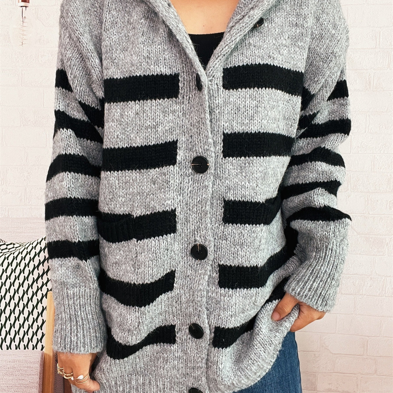 Casual Loose Plus-sized Hooded Single-breasted Long Sleeve Sweater For Women