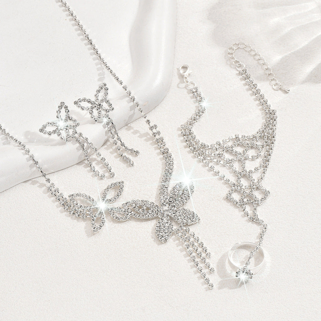 Butterfly Tassel Rhinestone Necklace Earring Bracelet 3 Pieces Suit