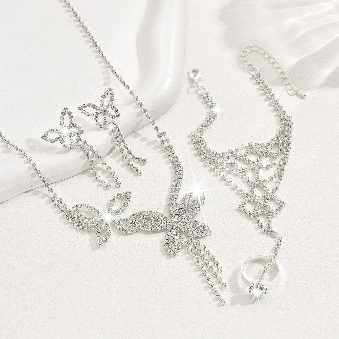 Butterfly Tassel Rhinestone Necklace Earring Bracelet 3 Pieces Suit