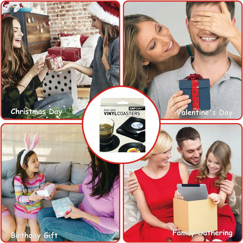 Sufcnire Retro Record Coasters with Vinyl Player Holder Set of 6 M2 Series