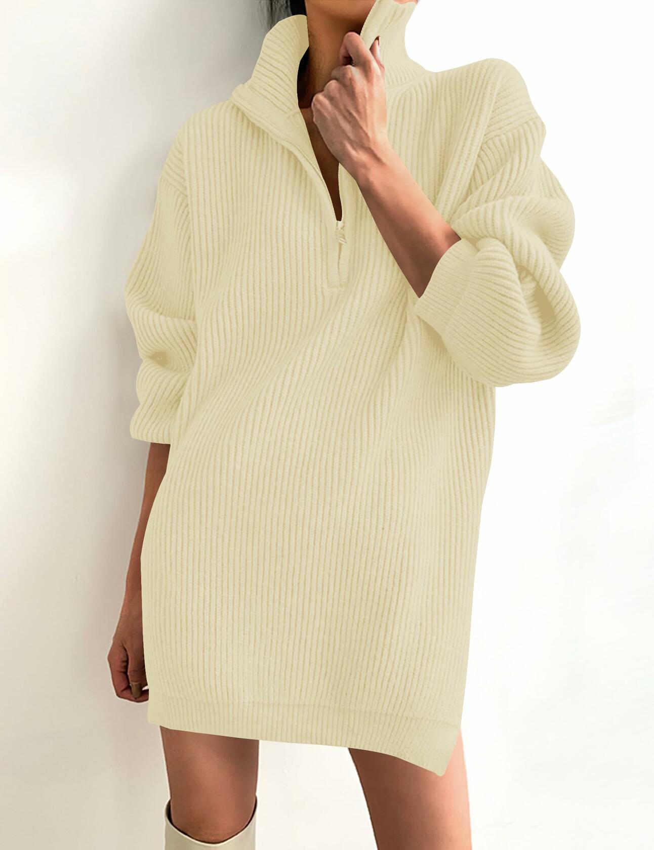 ZESICA Womens Sweater Dress Long Sleeve Quarter Zip V Neck Cream Size L