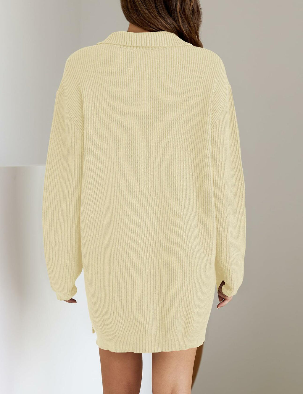 ZESICA Womens Sweater Dress Long Sleeve Quarter Zip V Neck Cream Size L