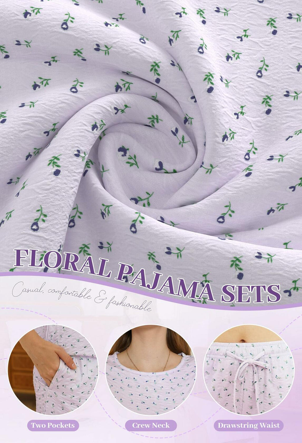 LYCY Womens Floral Print Pajama Shorts Set Light Blue Floral Size L