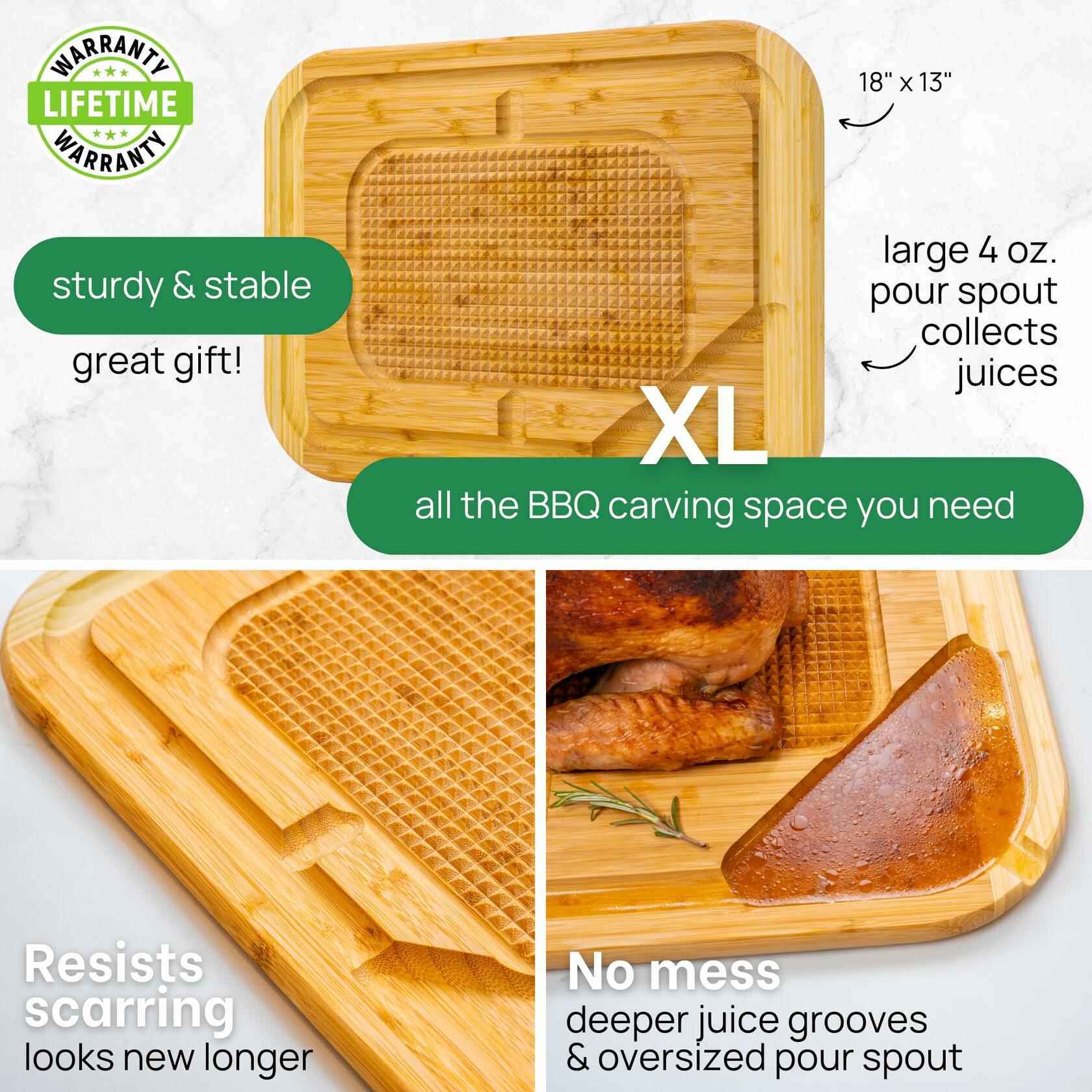 GREENER CHEF 18" XL Organic Turkey Carving Board Wooden Butcher Block
