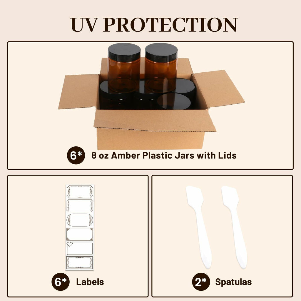 AuroTrends 8oz Amber Jars 6-Pack with Lids for Creams, Candles & DIY