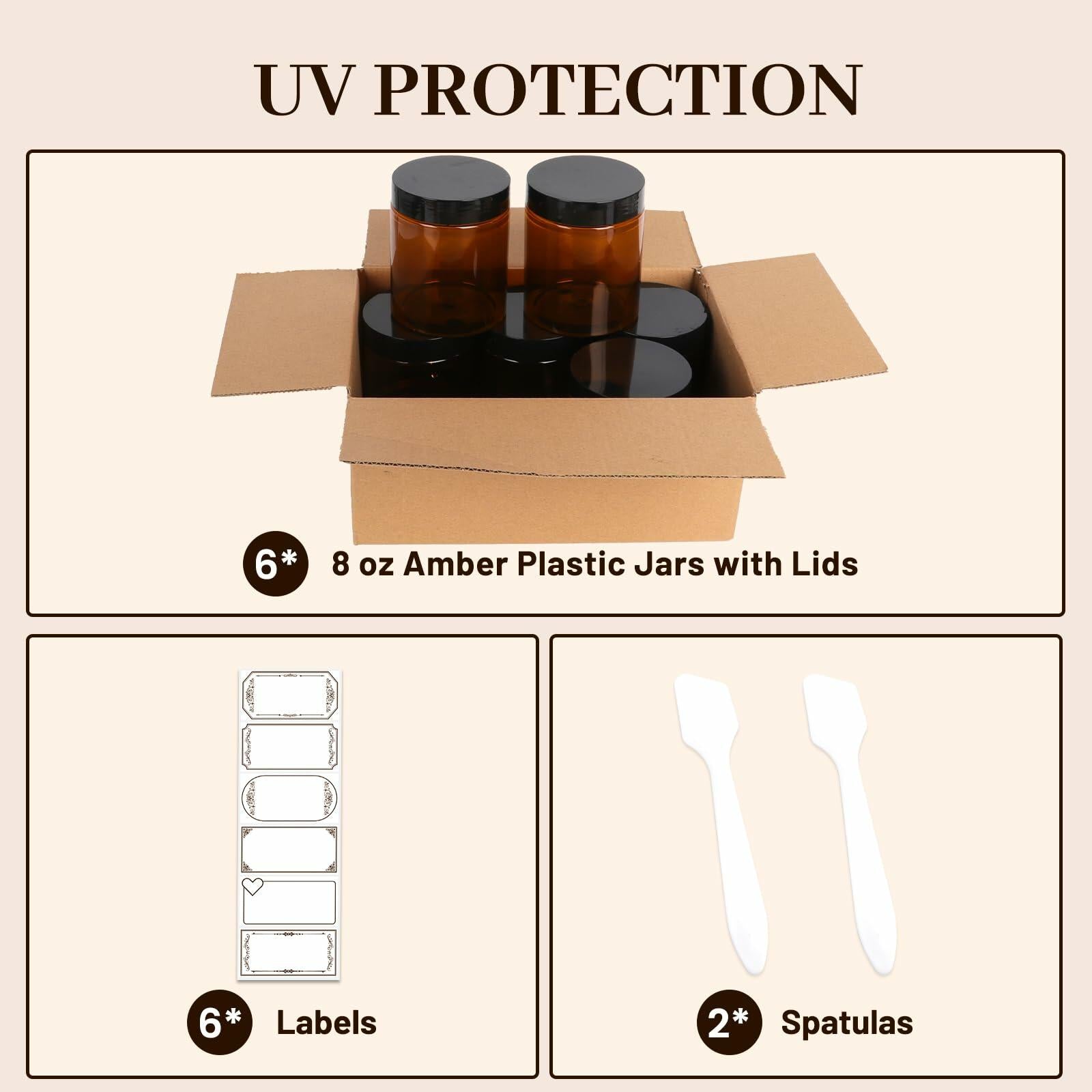 AuroTrends 8oz Amber Jars 6-Pack with Lids for Creams, Candles & DIY